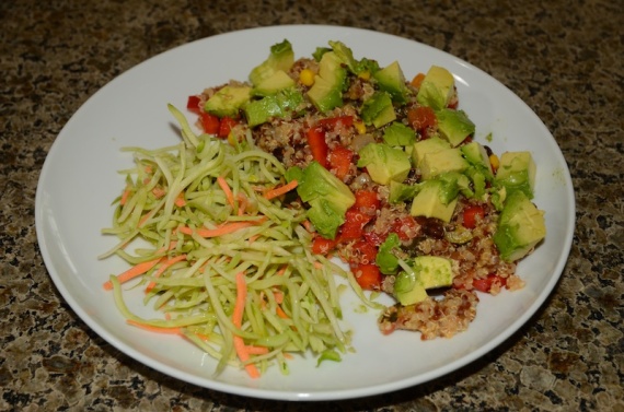Broccoli and carrot cole slaw, quinoa with veggies and beans and diced avocado